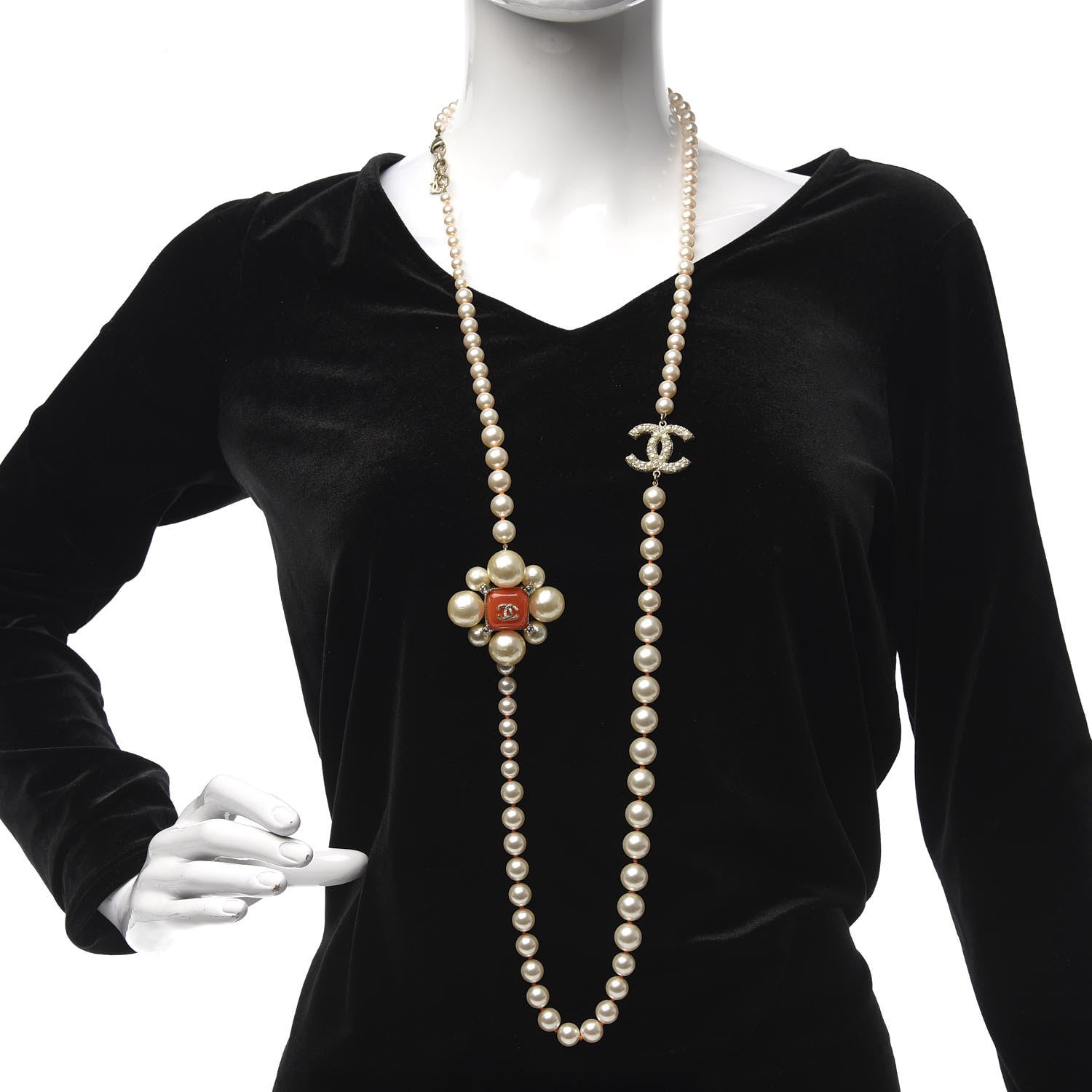 Chanel Pearl Crystal Gripoix CC Long Necklace Gold Pearly White Orange 2 of 4