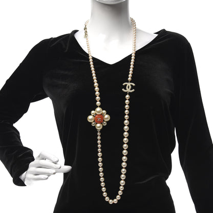 Chanel Pearl Crystal Gripoix CC Long Necklace Gold Pearly White Orange 2 of 4
