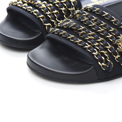 Chanel Lambskin Canvas Chain Flat Sandals 37 Marine 9 of 9