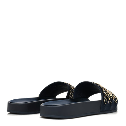 Chanel Satin Canvas Chain Slides Sandals Flats 41 Marine 4 of 8