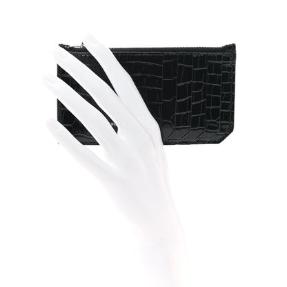Saint Laurent Calfskin Crocodile Embossed 5 Fragments Zip Pouch Card Holder Black 2 of 7