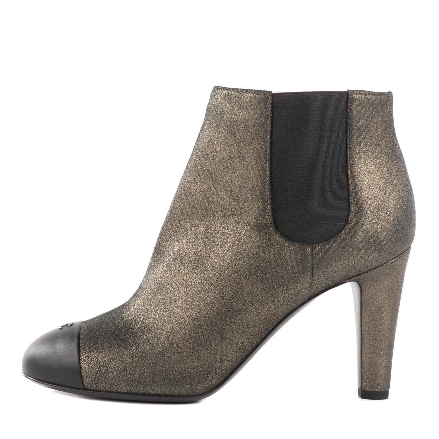 Chanel Metallic Lambskin CC Cap Toe Ankle Boots 38.5 Argent Fonce Black 1 of 15