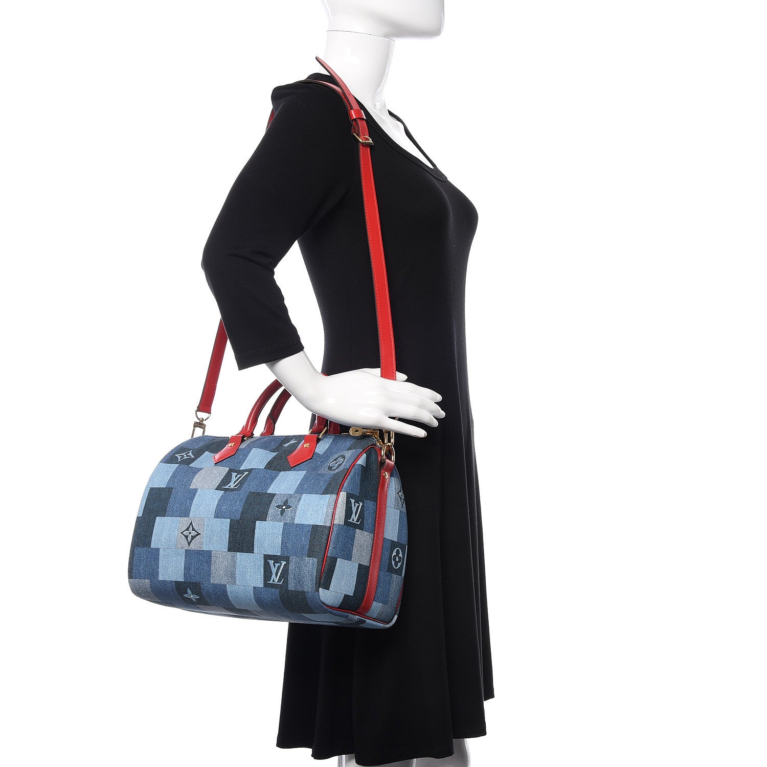 Louis Vuitton Denim Damier Monogram Patchwork Speedy Bandouliere 30 Blue Rouge 2 of 12