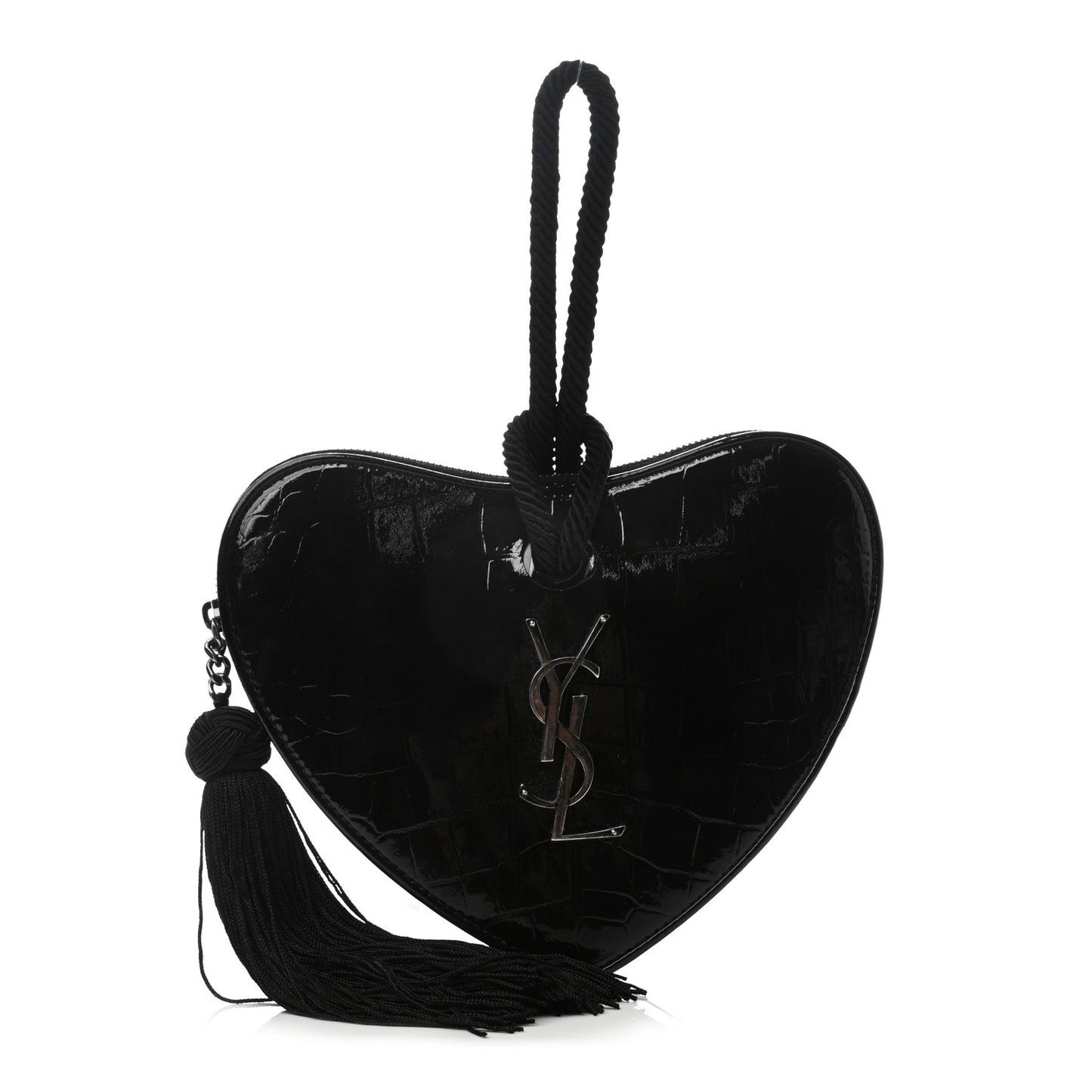 Patent Crocodile Embossed Sac Coeur Heart Shaped Clutch Black