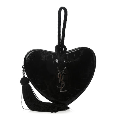 Saint Laurent Patent Crocodile Embossed Sac Coeur Heart Shaped Clutch Black 1 of 7