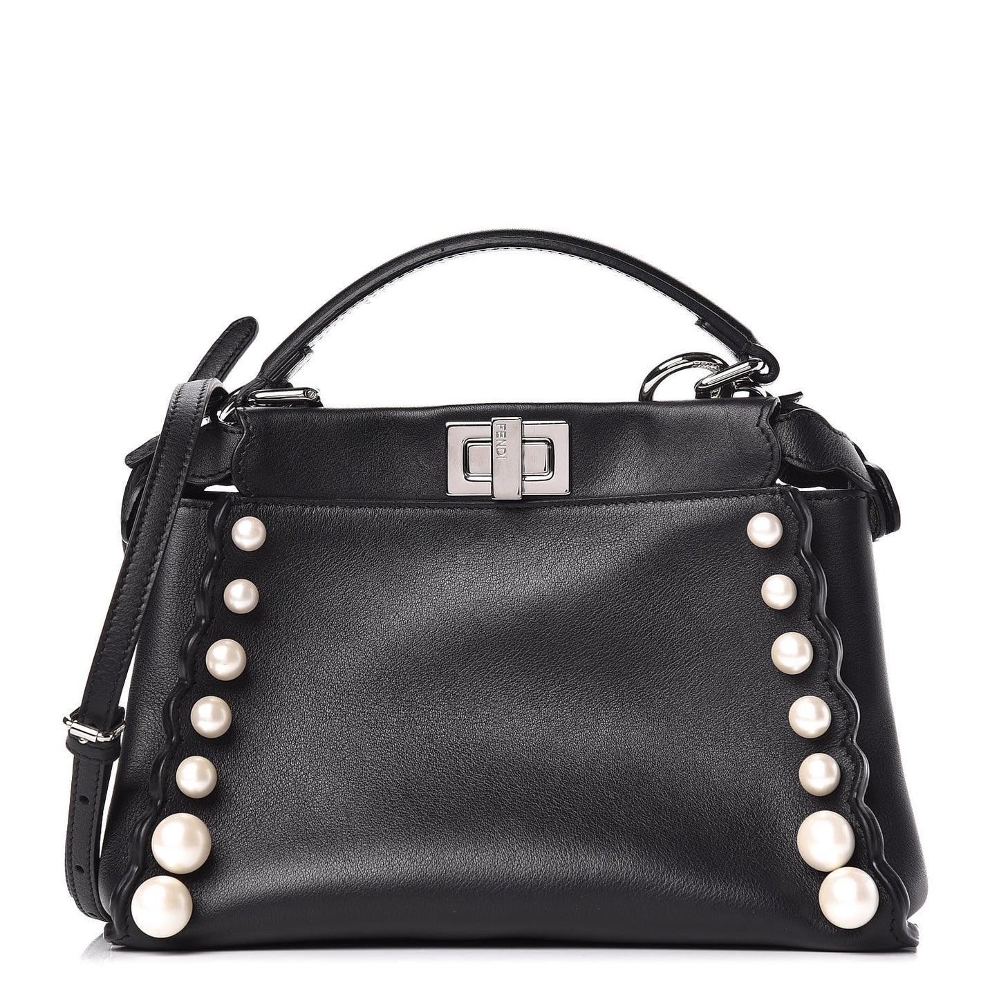 Vitello Seta Shiny Nappa Pearl Scallopped Studded Mini Peekaboo Iconic Satchel Black