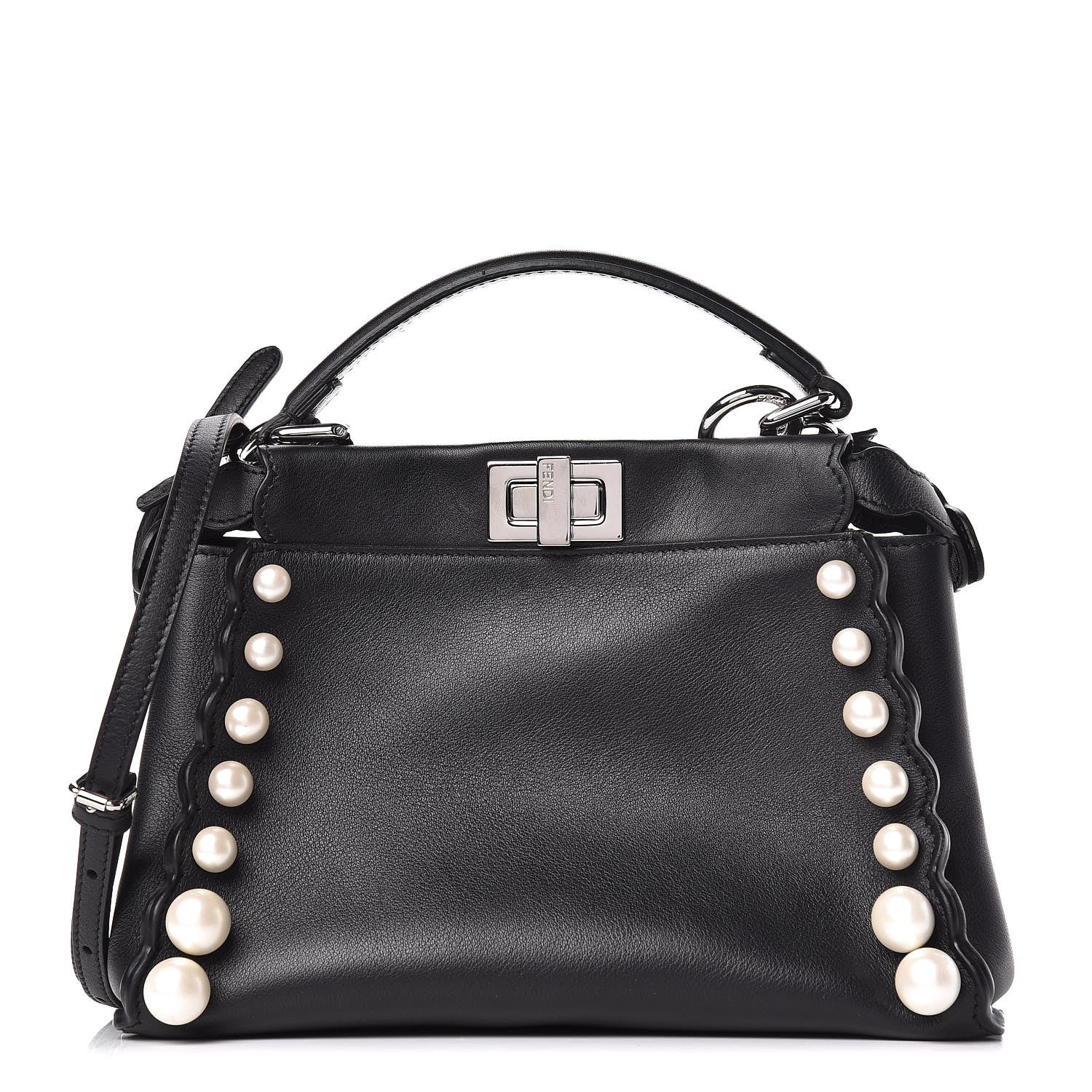 Fendi Vitello Seta Shiny Nappa Pearl Scallopped Studded Mini Peekaboo Iconic Satchel Black 1 of 13