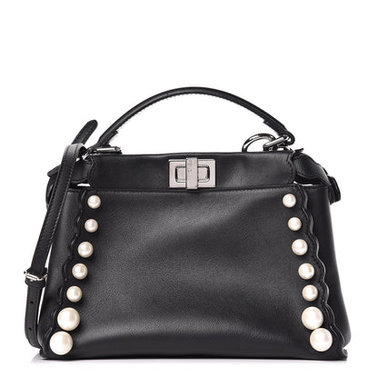 Fendi Vitello Seta Shiny Nappa Pearl Scallopped Studded Mini Peekaboo Iconic Satchel Black 1 of 13