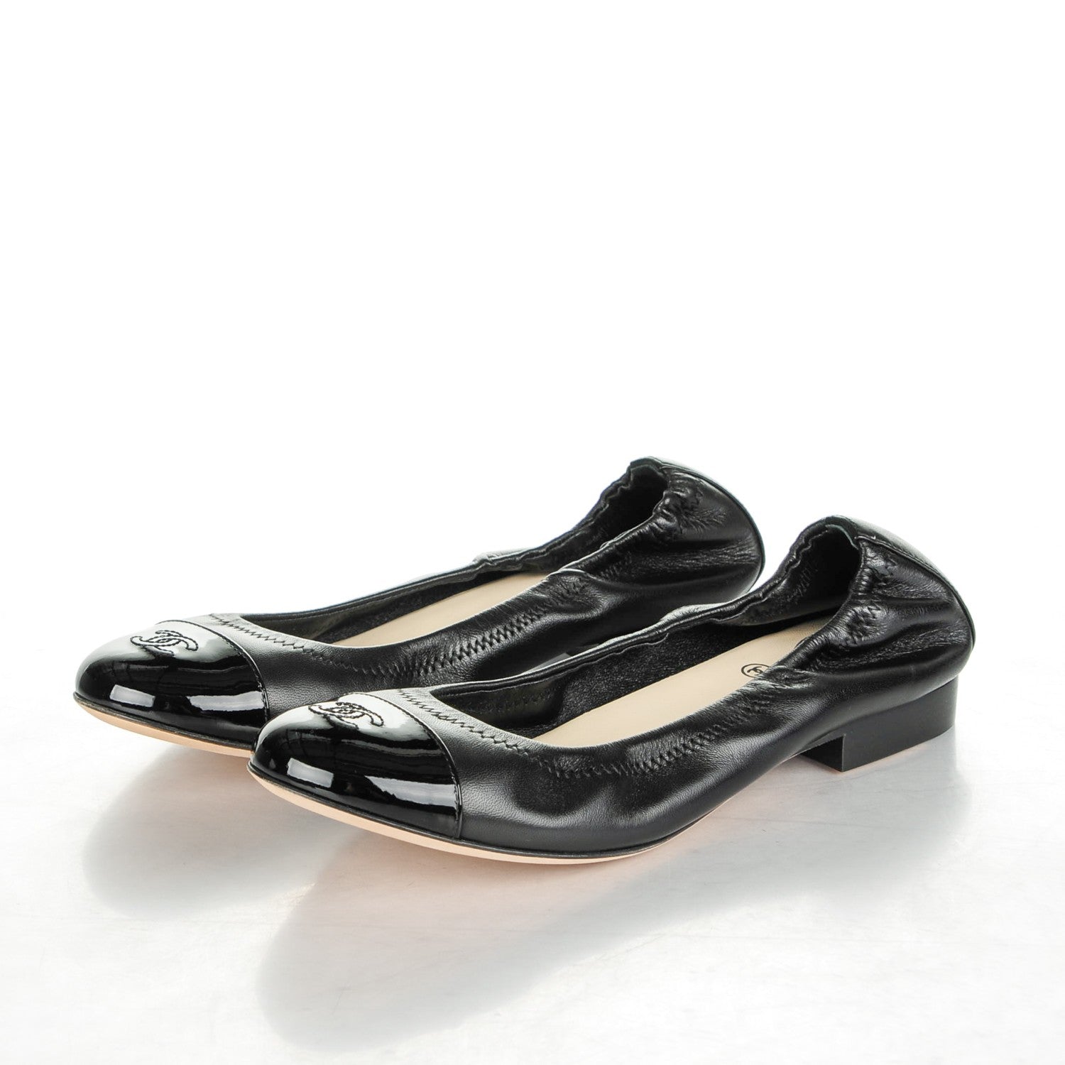 Chanel Lambskin Patent CC Elastic Cap Toe Ballerina Flats 38 Black 3 of 7