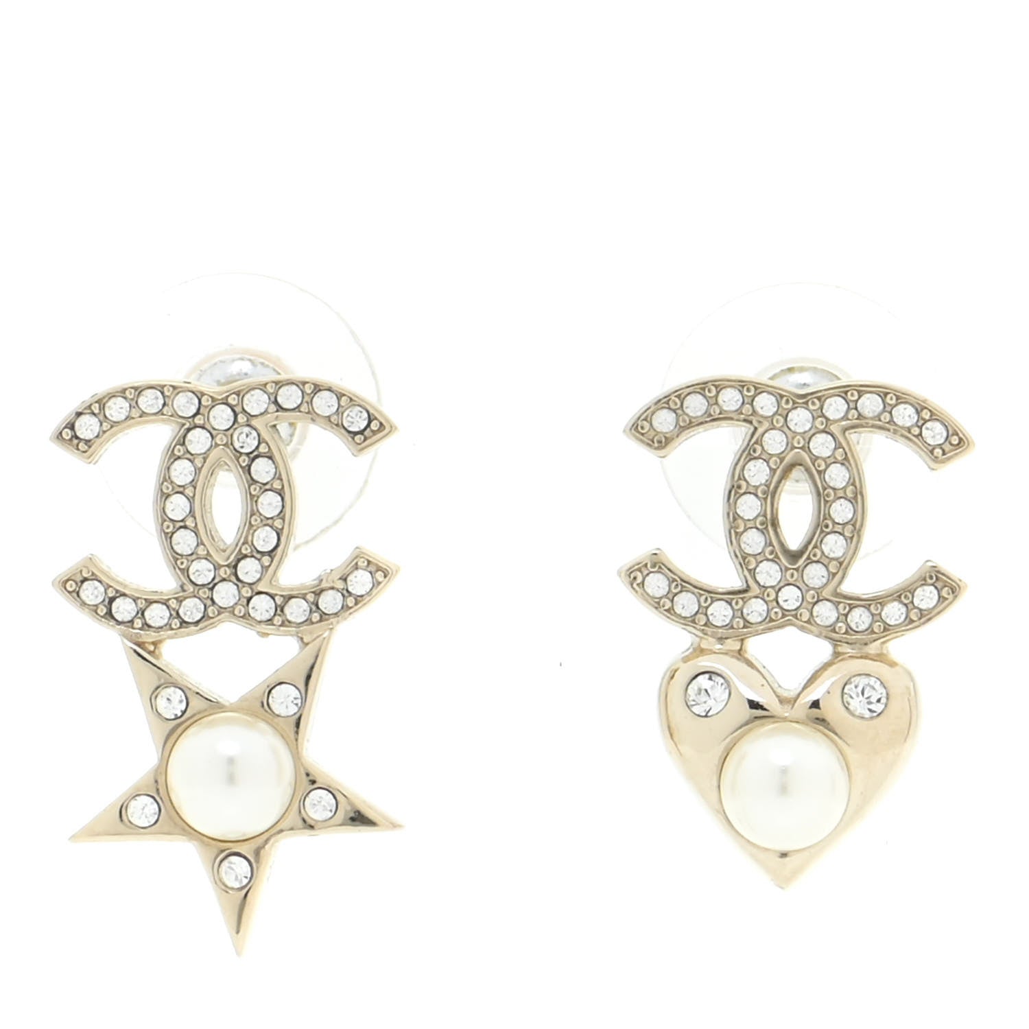 Chanel Crystal Pearl Charming Winter CC Star Heart Earrings Gold 1 of 5