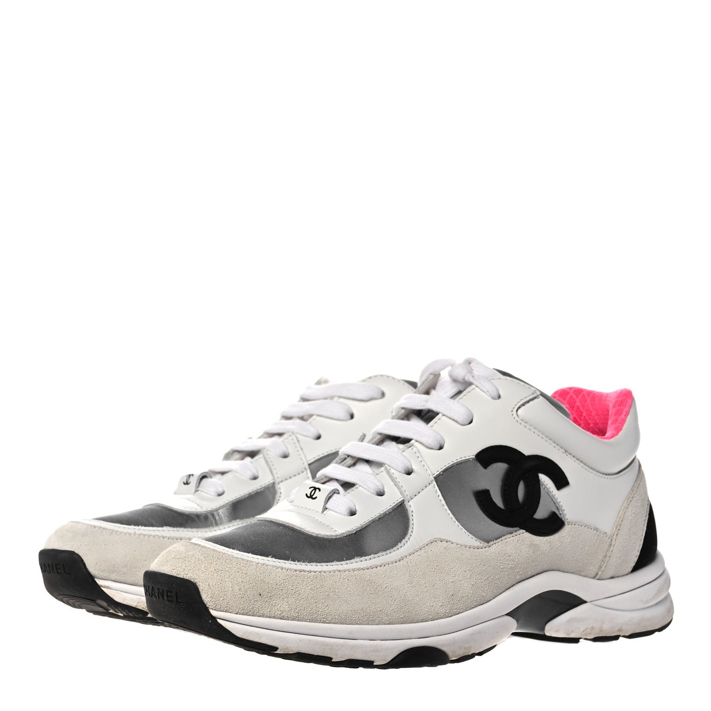 Calfskin Fabric Sneakers 40 White Silver Fluo Pink