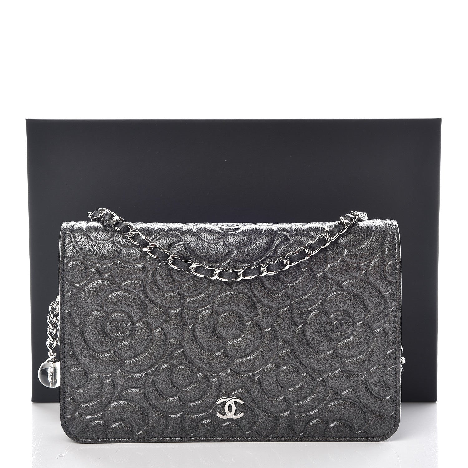 Chanel Goatskin Camellia Embossed Wallet On Chain WOC Grey 11 of 11