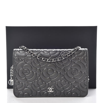 Chanel Goatskin Camellia Embossed Wallet On Chain WOC Grey 11 of 11