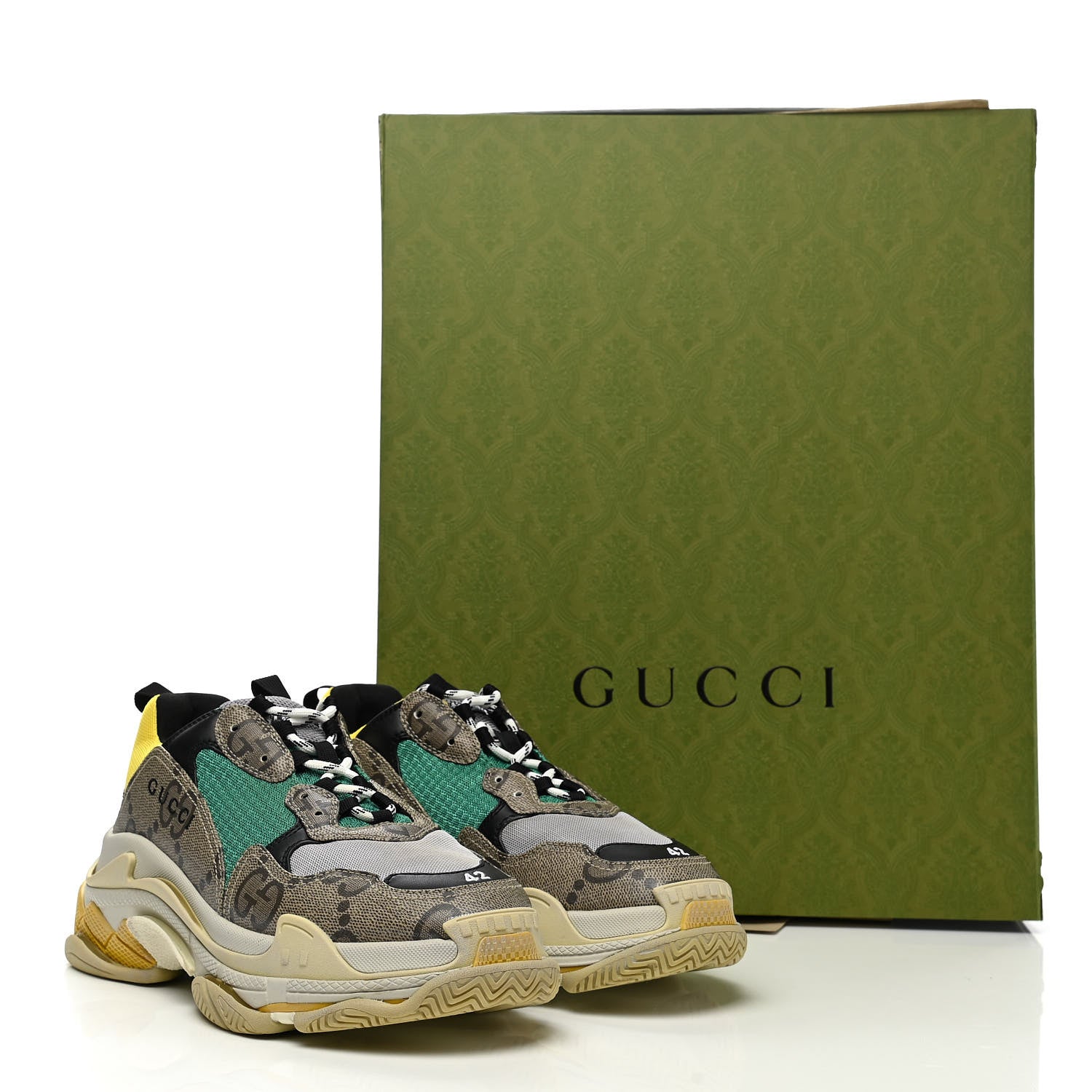 Balenciaga X GUCCI Maxi GG Supreme Monogram Mens Triple S Sneakers 42 Beige Ebony Black Green 10 of 10