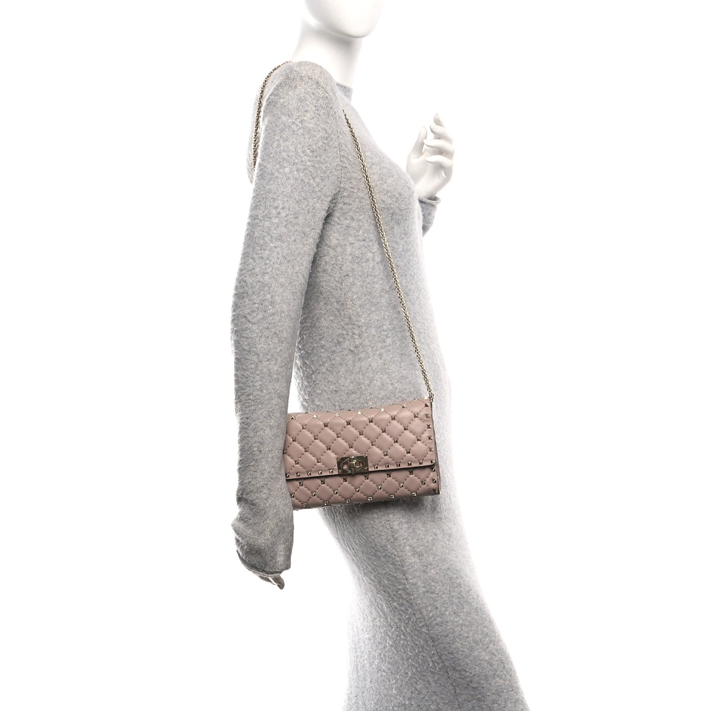 Lambskin Rockstud Spike Wallet on Chain Poudre