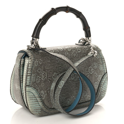 Gucci Calfskin Lizard Embossed Medium New Bamboo Top Handle Bag Blue 2 of 10