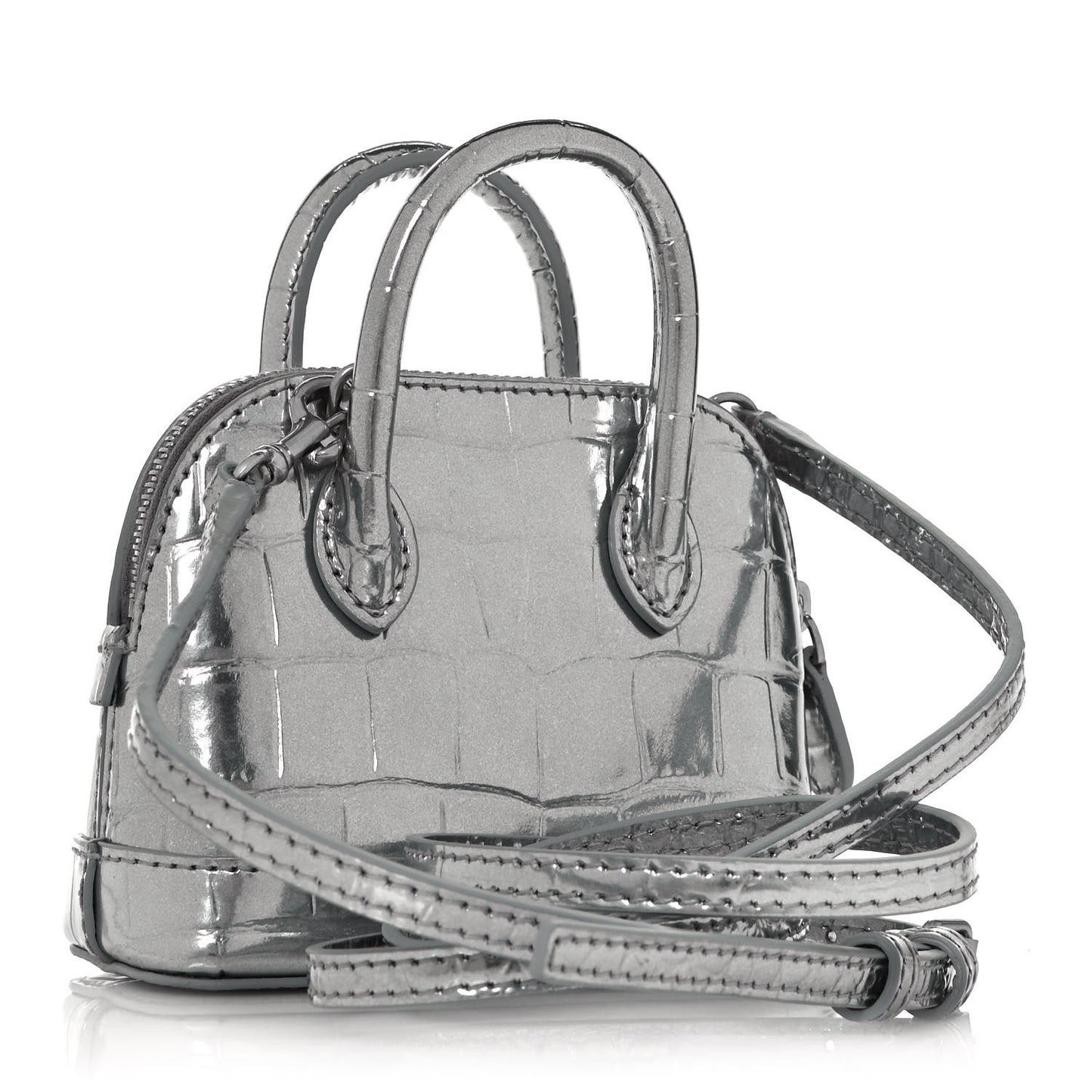 Metallic Calfskin Logo Crocodile Embossed Mini Ville Top Handle Bag Silver Black