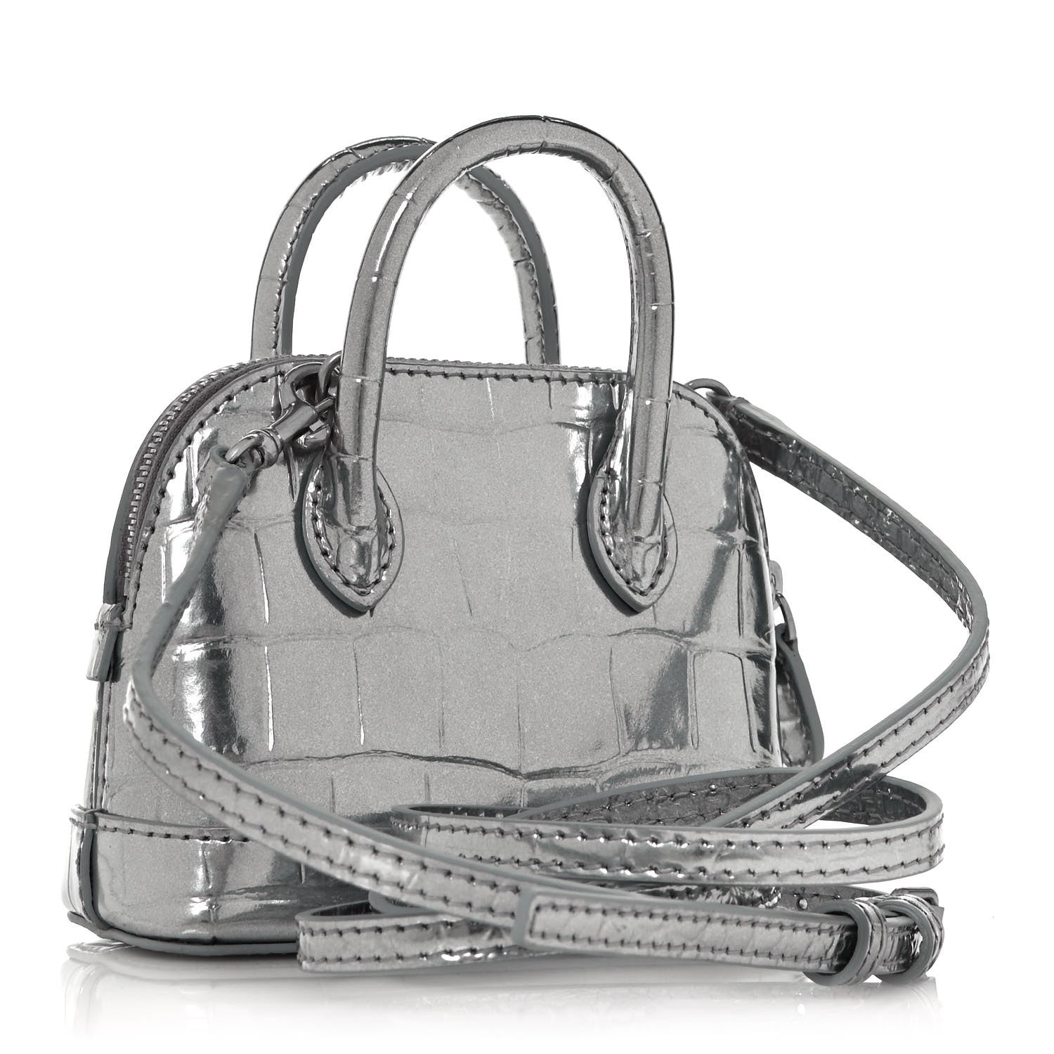 Balenciaga Metallic Calfskin Logo Crocodile Embossed Mini Ville Top Handle Bag Silver Black 3 of 12