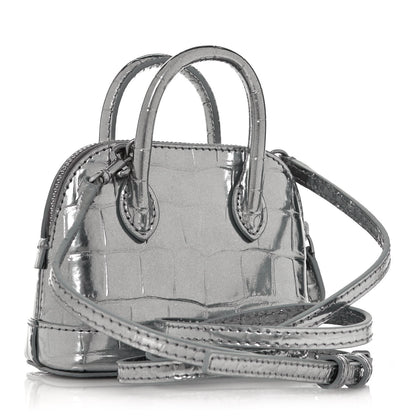 Balenciaga Metallic Calfskin Logo Crocodile Embossed Mini Ville Top Handle Bag Silver Black 3 of 12