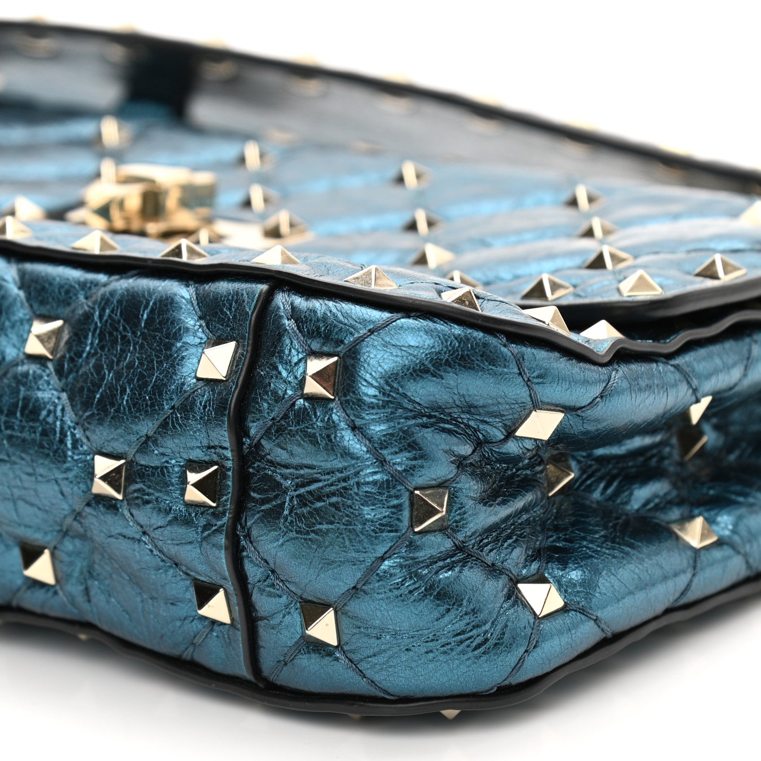 Valentino Garavani Metallic Wrinkled Lambskin Small Rockstud Spike Shoulder Bag Peacock 9 of 10