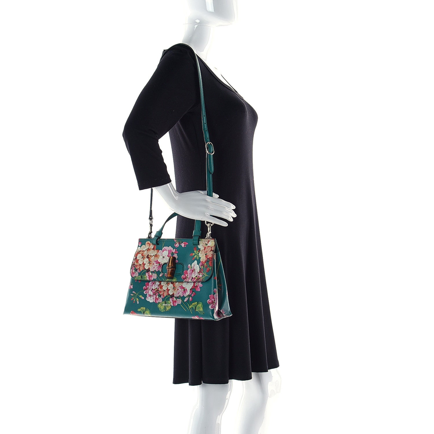 Gucci Shangai Calfskin Blooms Print Small Bamboo Daily Top Handle Bag Clear Bright Emerald Multicolor 3 of 14