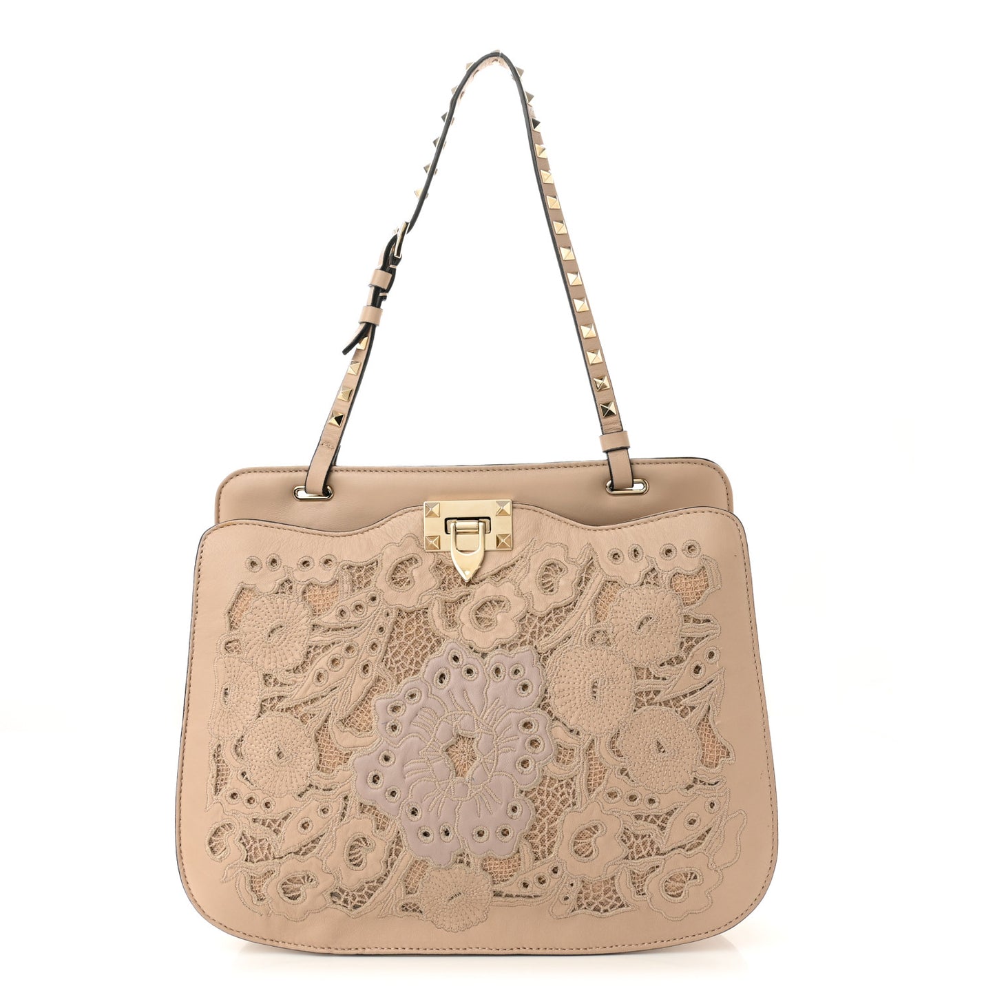 Vitello Rockstud Flip-Lock Lace Shoulder Bag Beige