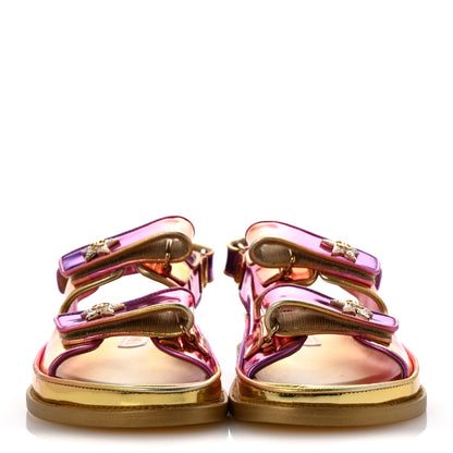 Chanel Metallic Laminated Calfskin Crystal Star CC Velcro Dad Sandals 38 Gold Multicolor 3 of 9