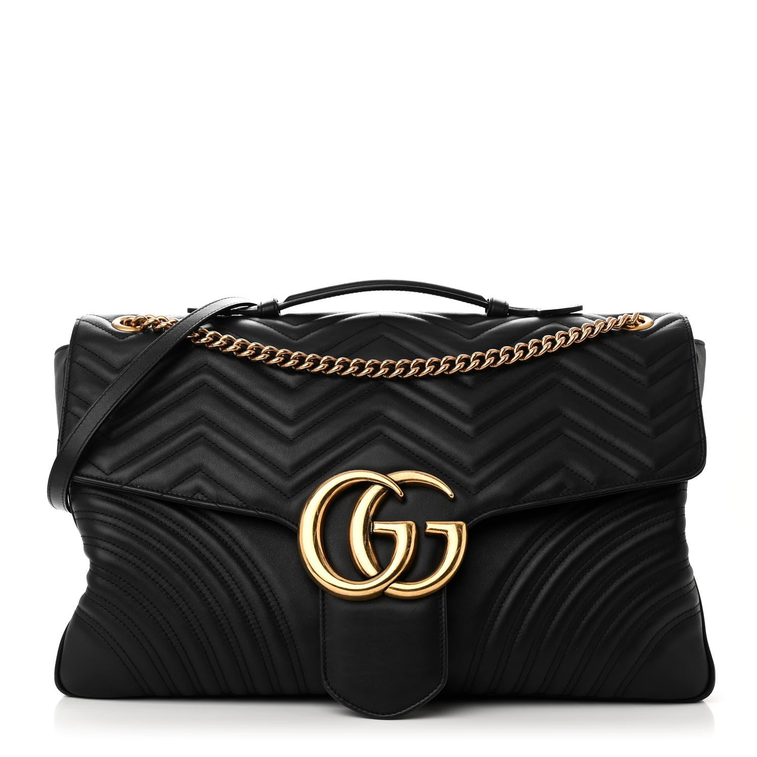 Gucci Calfskin Matelasse Maxi GG Marmont Top Handle Shoulder Bag Black 1 of 11