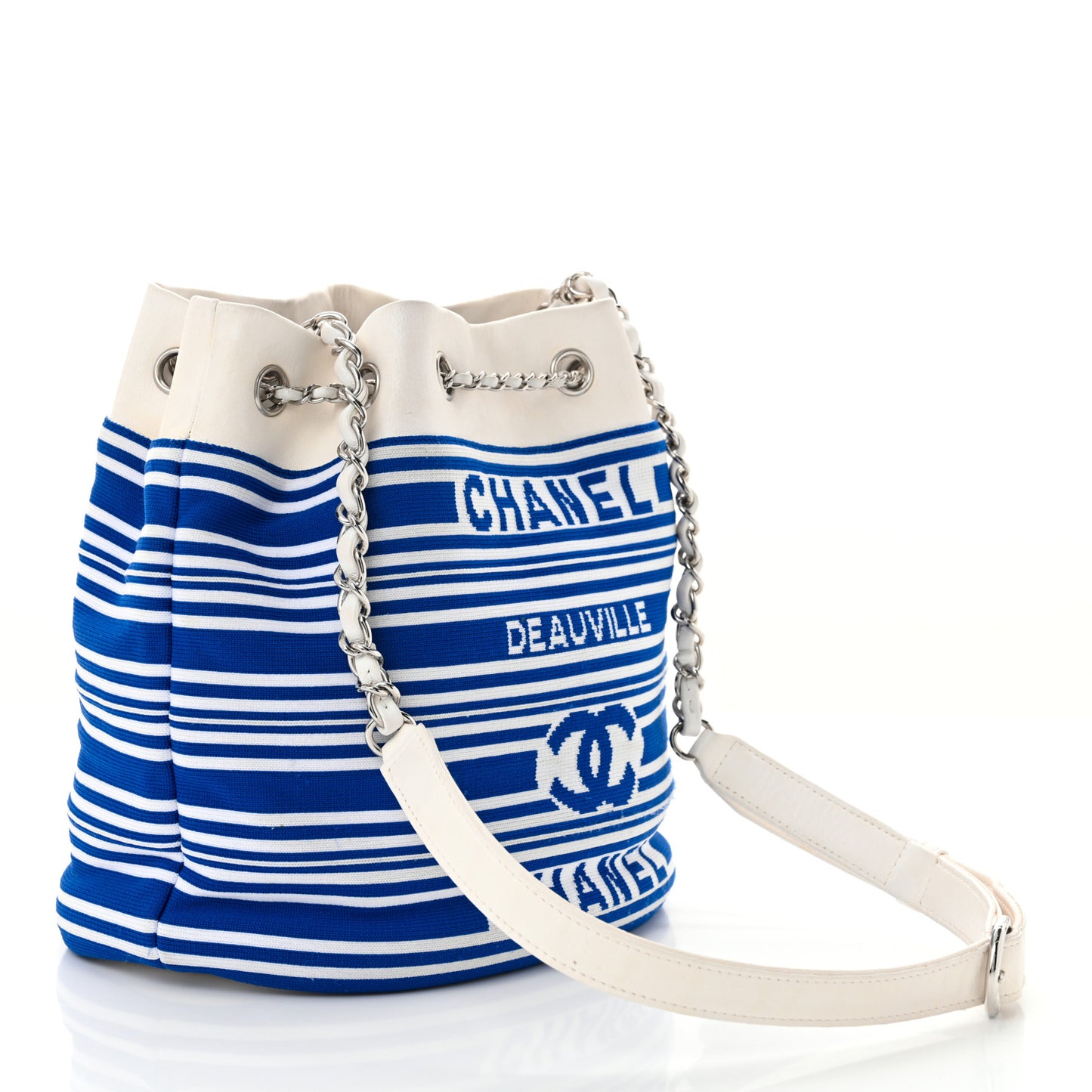 Mixed Fibers Lambskin Venise Biarritz Drawstring Bucket Bag Blue White