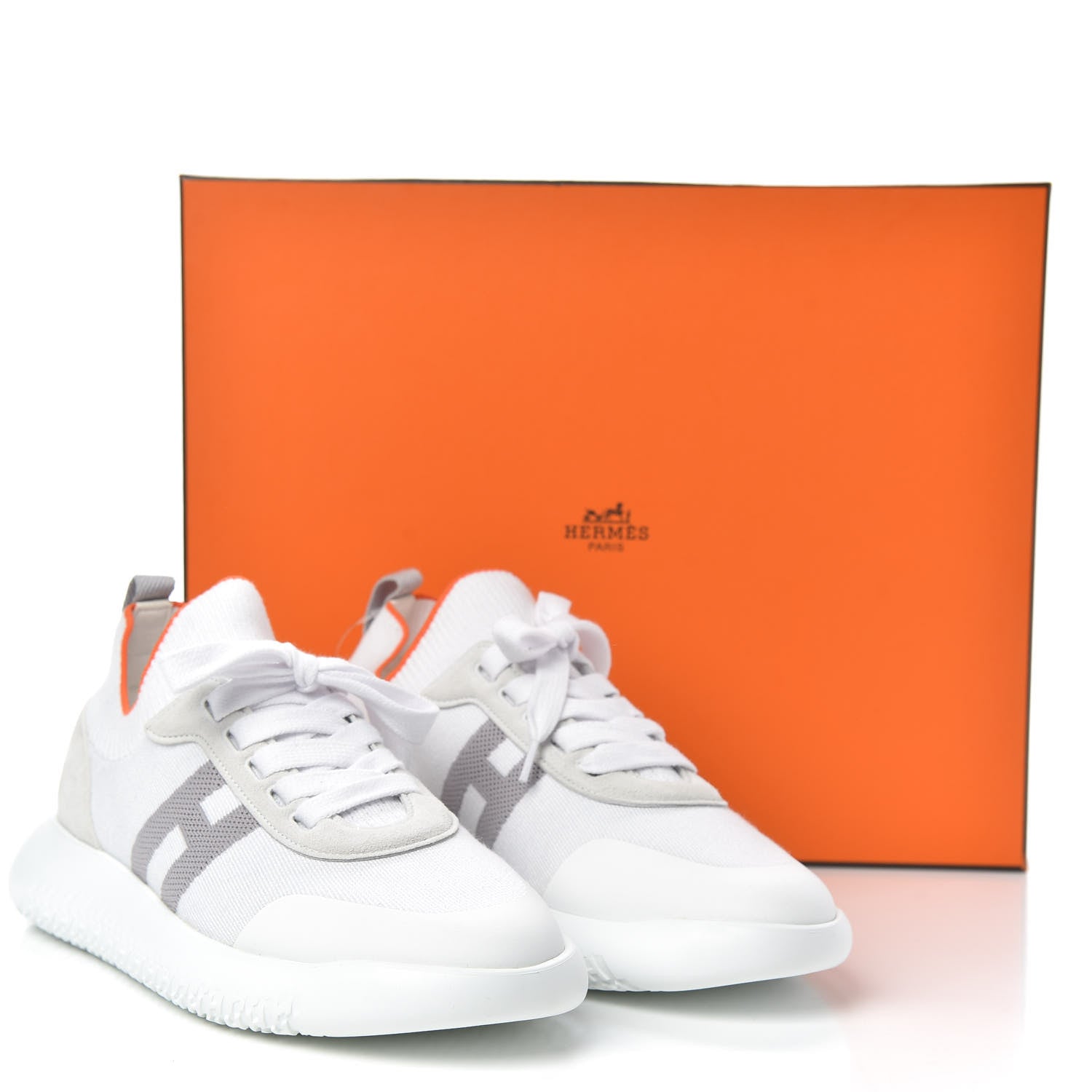 Hermes Knit Suede Goatskin Womens Crew Sneakers 40 White Gris 9 of 9