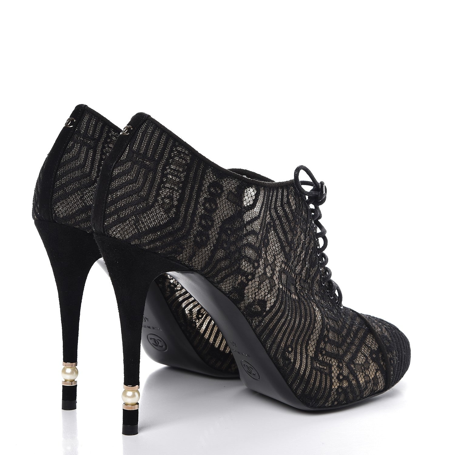Chanel Lace Mesh Kid Suede Pearl Lace Up Booties 40 Black 4 of 10