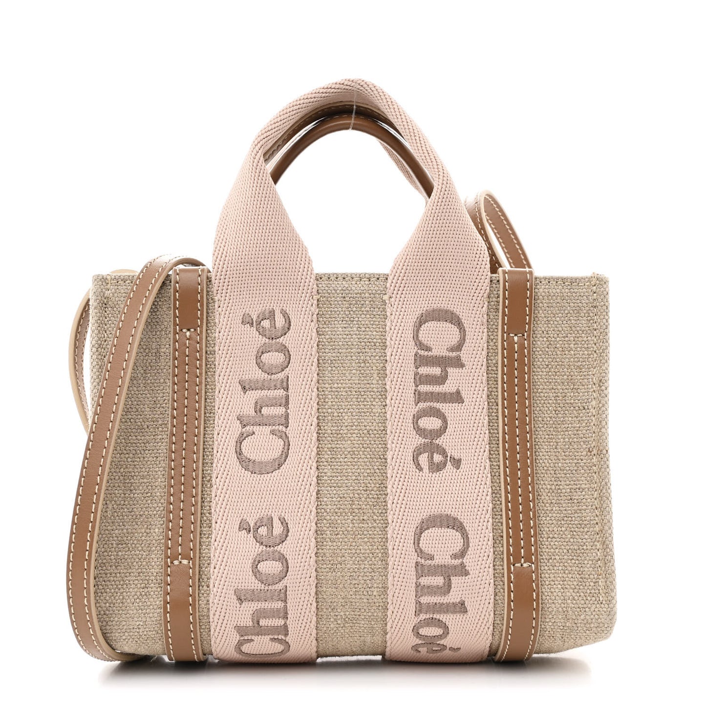 Linen Calfskin Mini Woody Ribbon Tote With Strap Blushy Beige