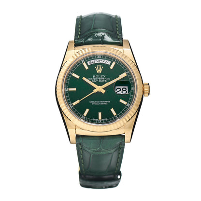 Rolex 18K Yellow Gold Alligator 36mm Oyster Perpetual Day-Date Watch Green 118138 1 of 5