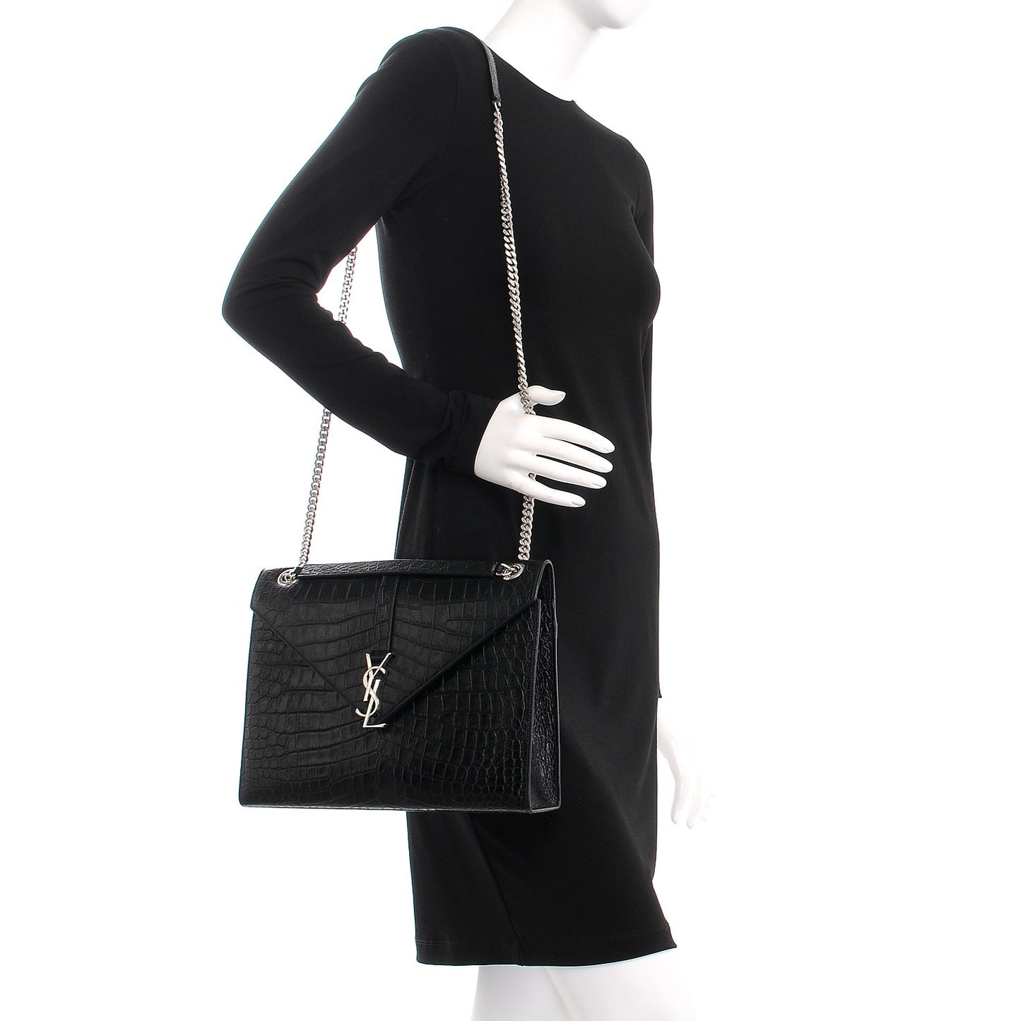 Calfskin Crocodile Embossed Monogram Large Satchel Black