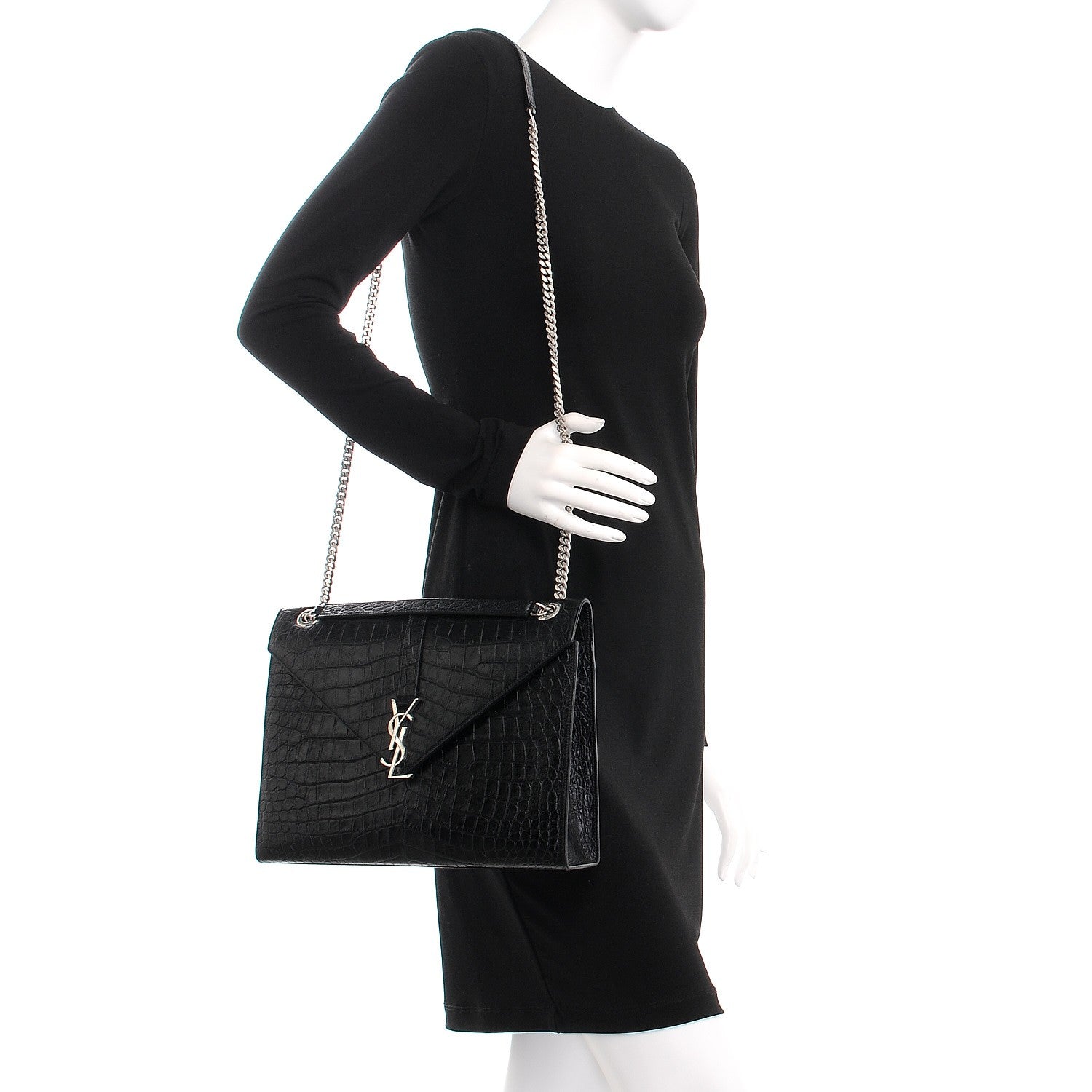 Saint Laurent Calfskin Crocodile Embossed Monogram Large Satchel Black 3 of 8