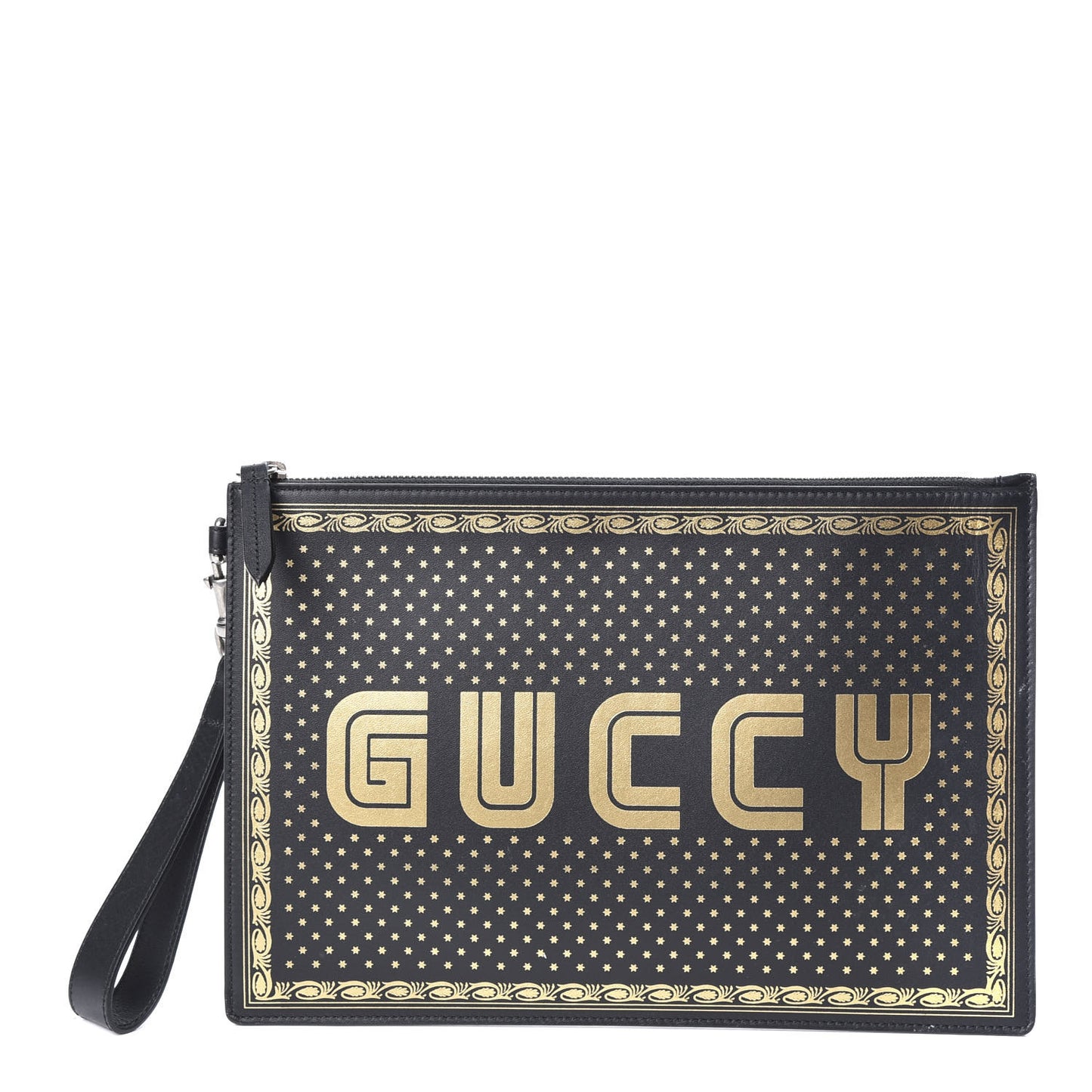 X SEGA Calfskin GUCCY Stars Zip Wristlet Pouch Black Gold