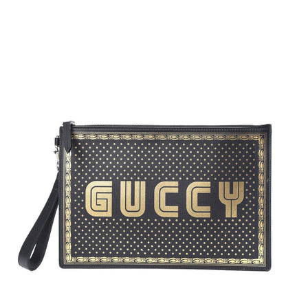 Gucci X SEGA Calfskin GUCCY Stars Zip Wristlet Pouch Black Gold 1 of 8