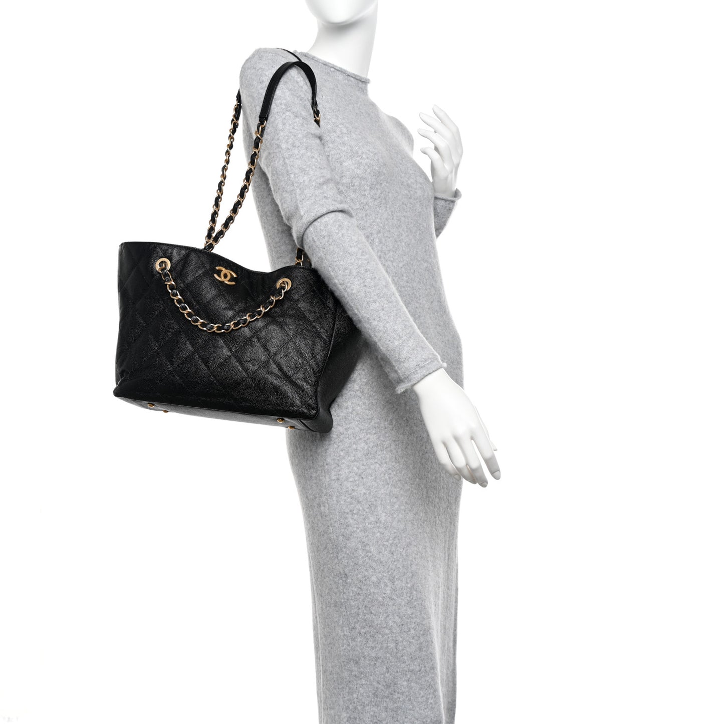 Caviar Quilted Small Shopping Tote Black