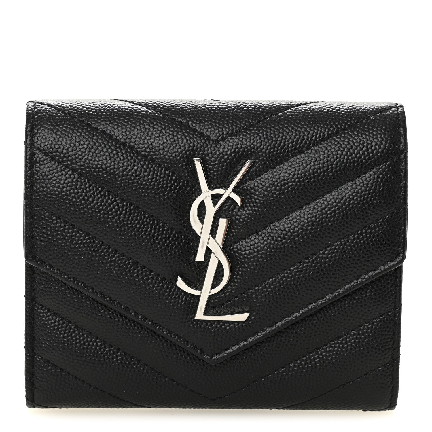 Saint Laurent Grain De Poudre Matelasse Chevron Monogram Compact Tri Fold Wallet Black 1 of 7