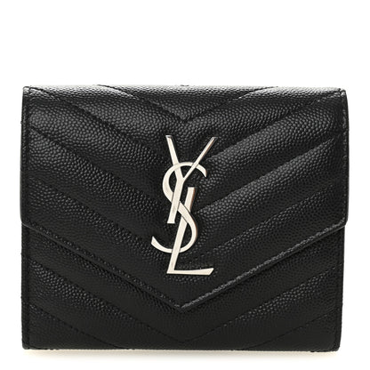 Saint Laurent Grain De Poudre Matelasse Chevron Monogram Compact Tri Fold Wallet Black 1 of 7