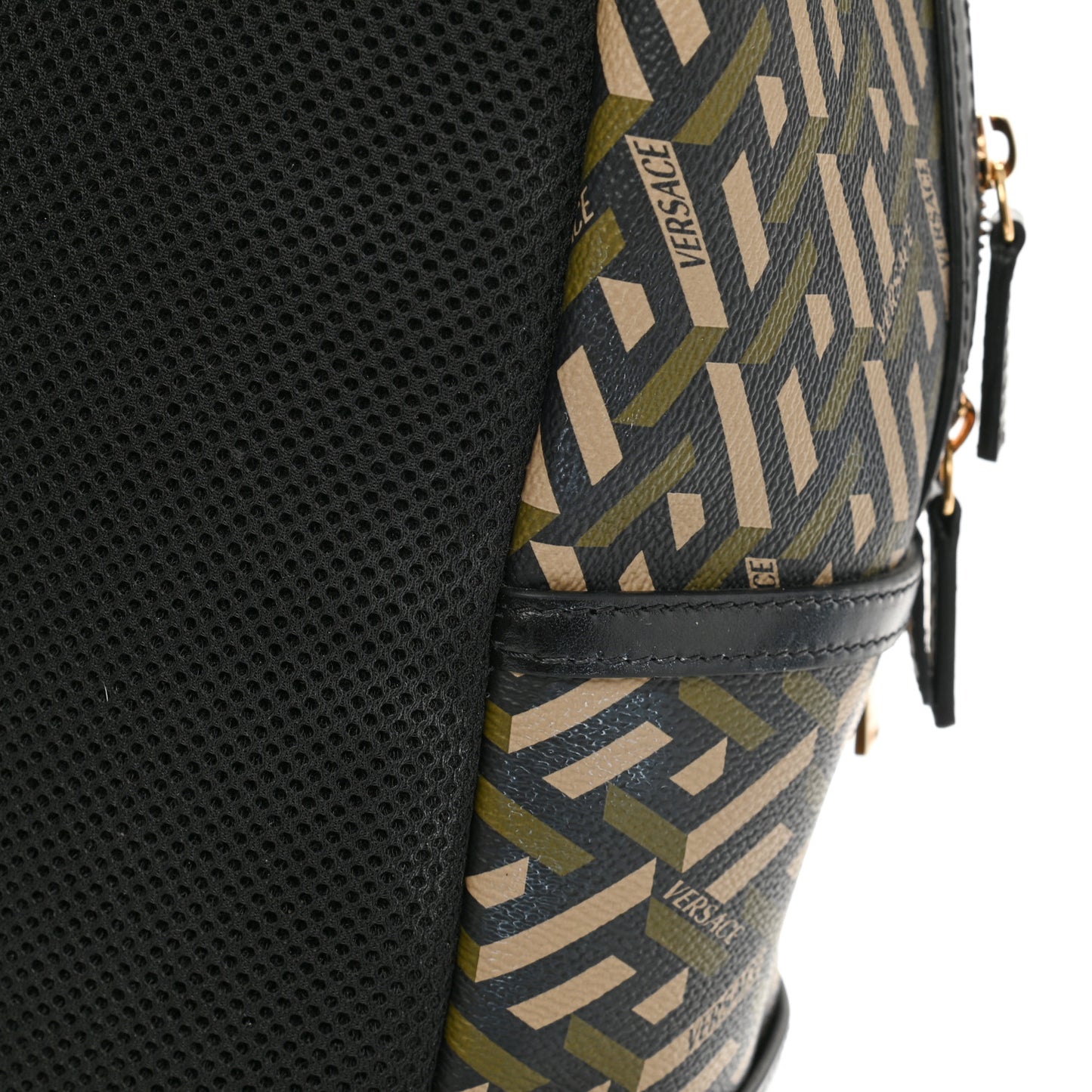 Coated Canvas Calfskin La Greca Signature Backpack Black Khaki