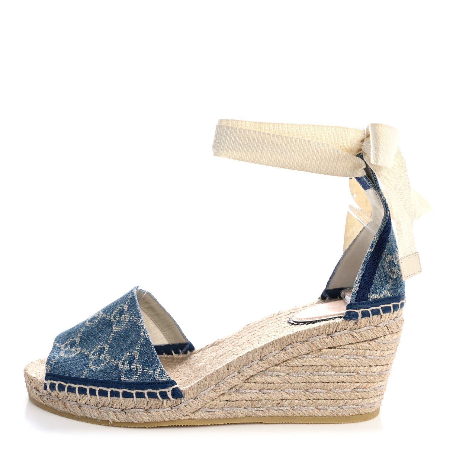 Gucci New Denim GG Monogram Pilar Ankle Wrap Espadrille Wedge Sandals 38 Light Blue 1 of 14
