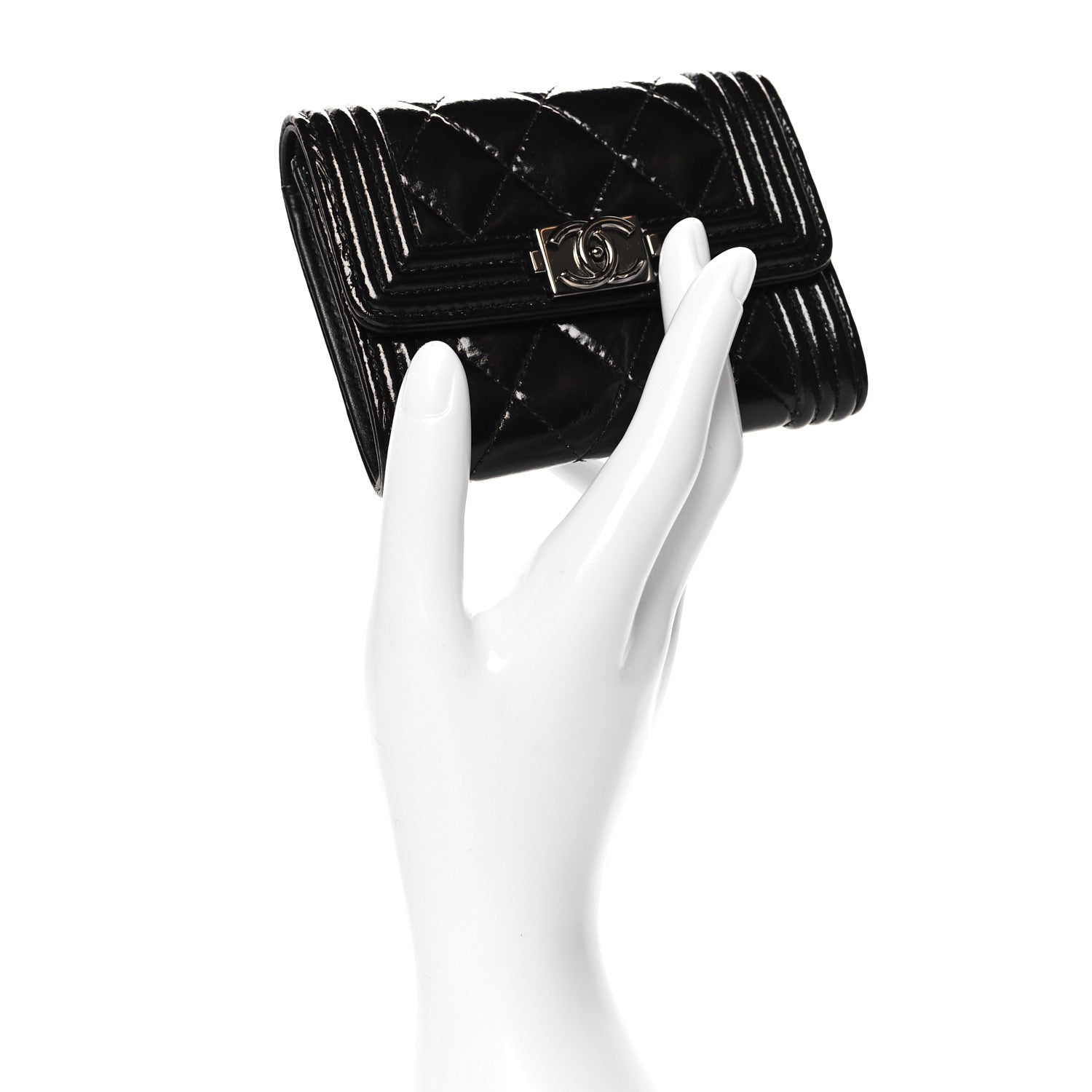 Chanel Distressed Patent Quilted Boy Flap Card Holder Wallet Black 2 of 8