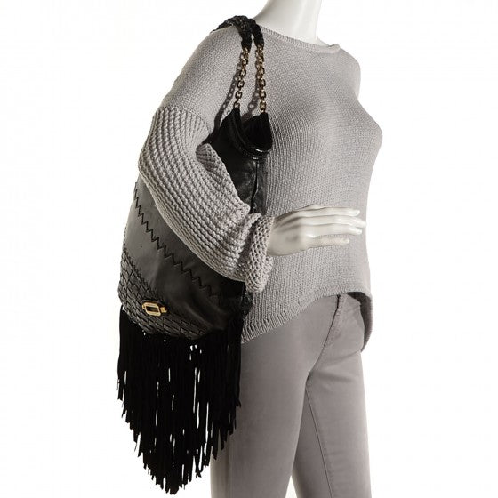 Lambskin Python Fringe Tatum Shoulder Bag Black