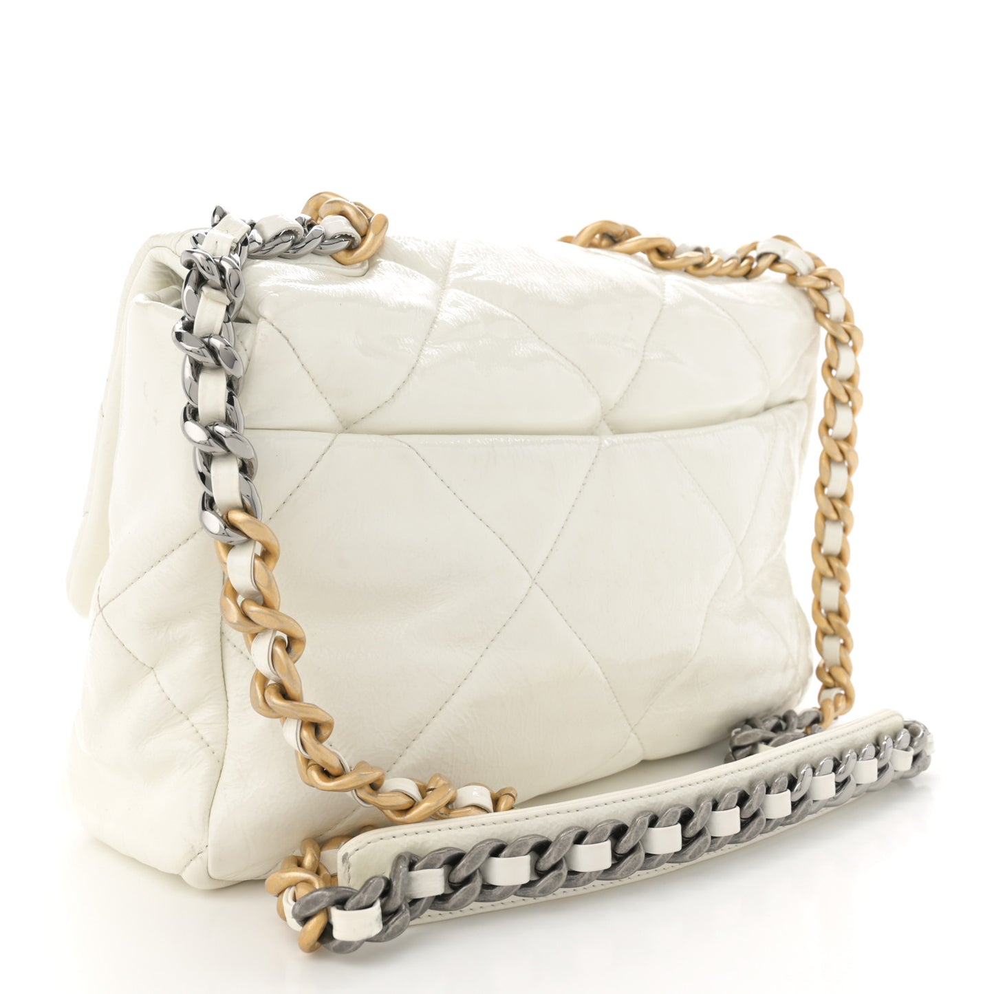 Shiny Crumpled Calfskin Quilted Large Chanel 19 Flap White