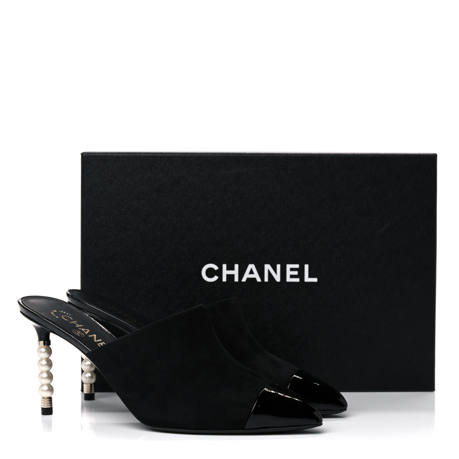 Chanel Suede Patent Calfskin Cap Toe Pearl Mule 38.5 Black 11 of 11