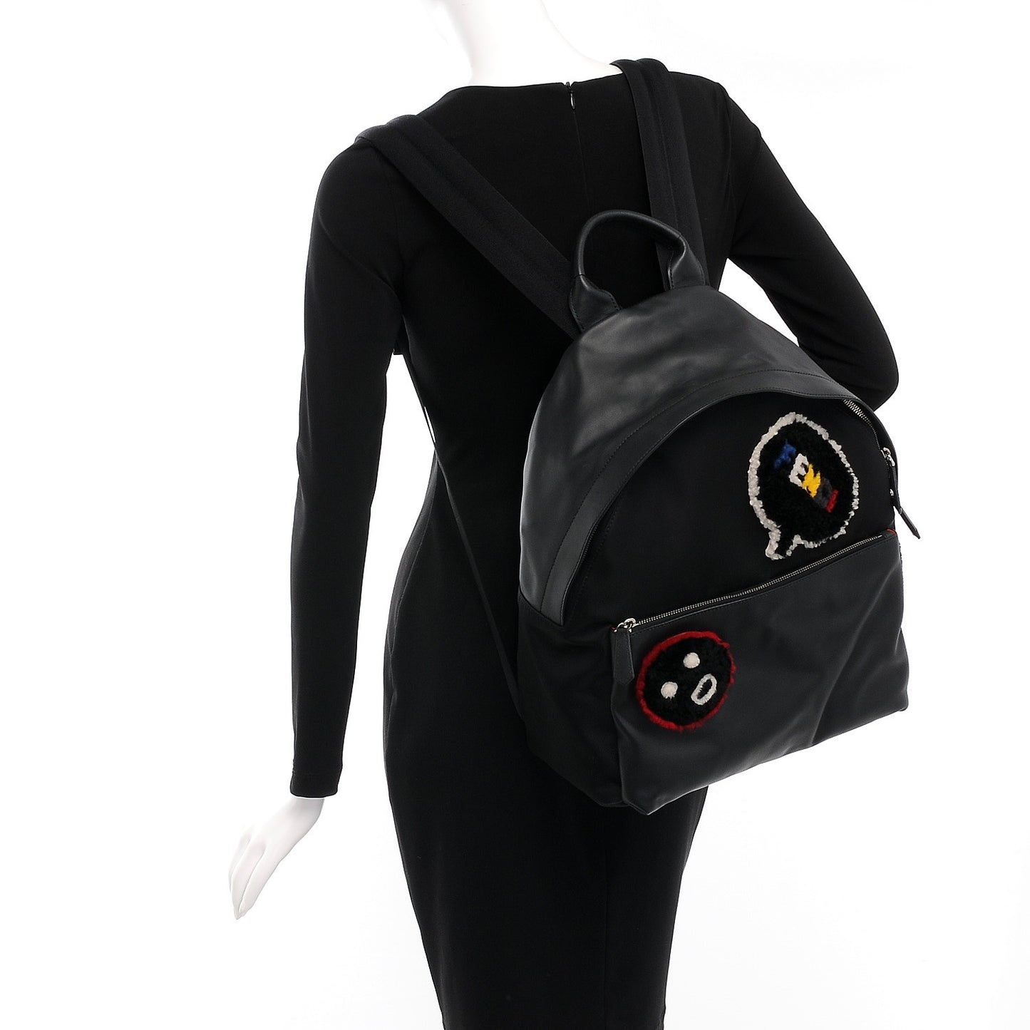 Nylon Calfskin Shearling Emoticon Backpack Black