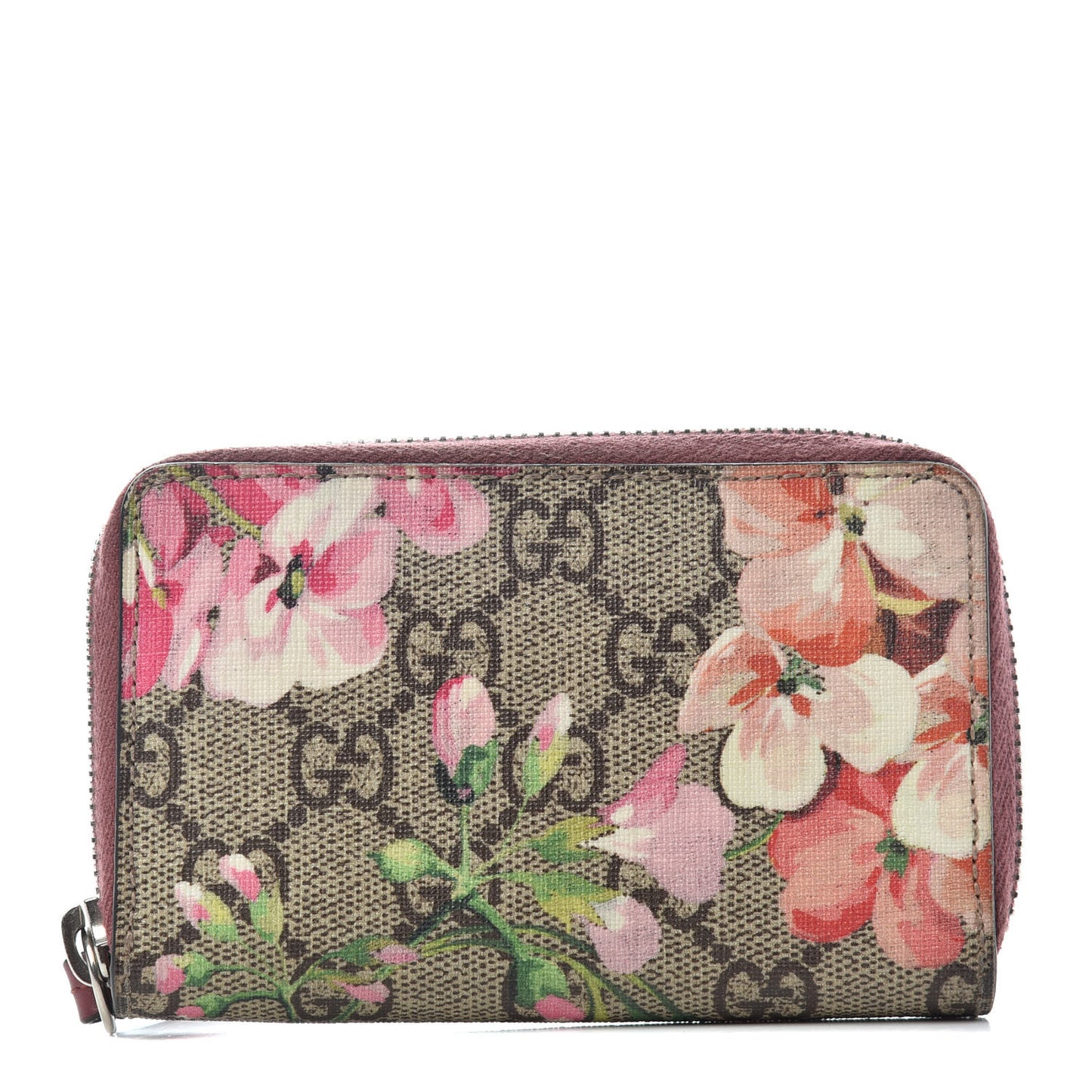 GG Supreme Monogram Blooms Zip Around Card Case Wallet Beige Multicolor Dry Rose