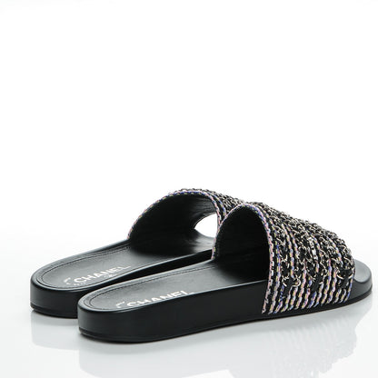 Chanel Tweed Lambskin Chain Flat Sandals 40 Black Multicolor 4 of 7