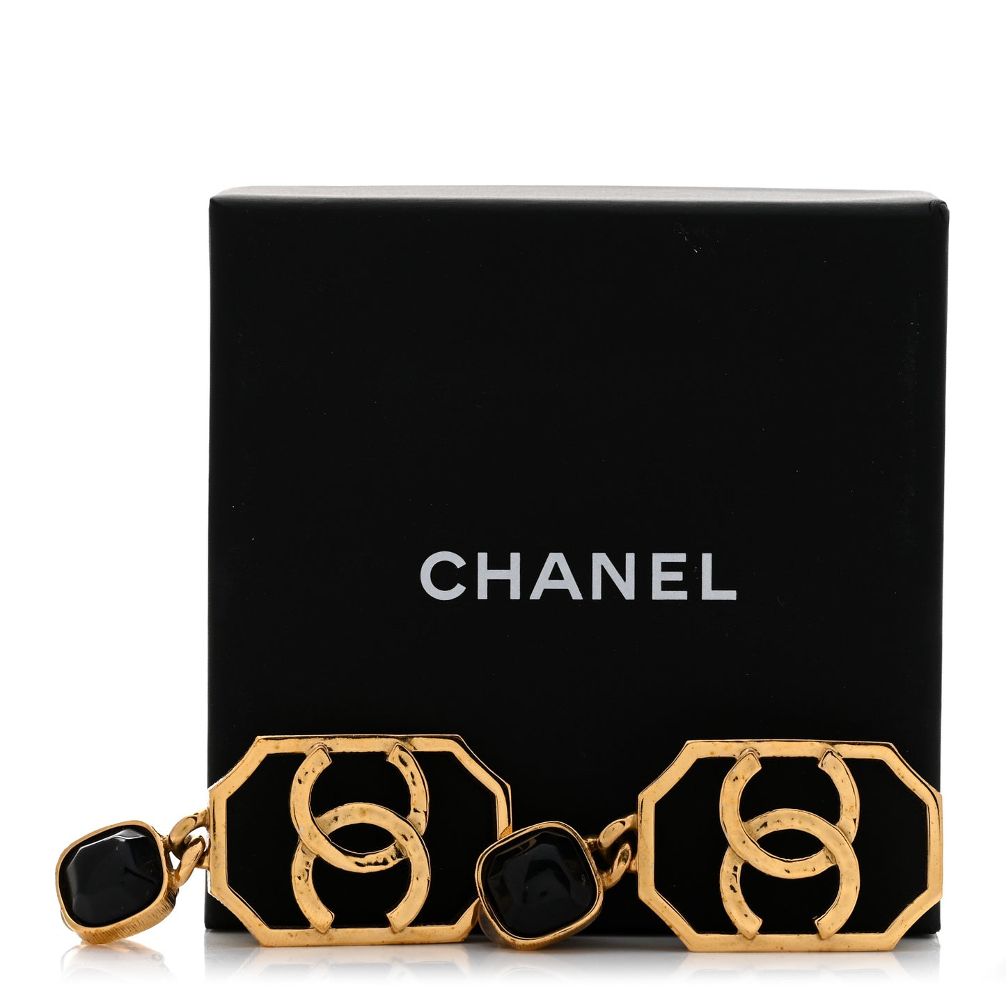 Metal Pearl CC Drop Clip On Earrings Gold Black